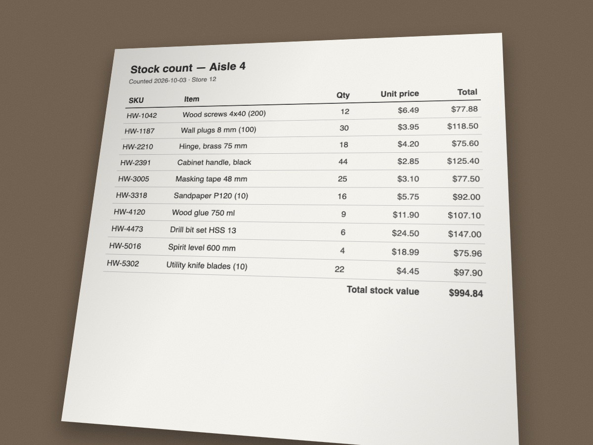 Photo of a printed stock count sheet lying at an angle on a brown desk, with ten rows of SKU, item, quantity, unit price and total